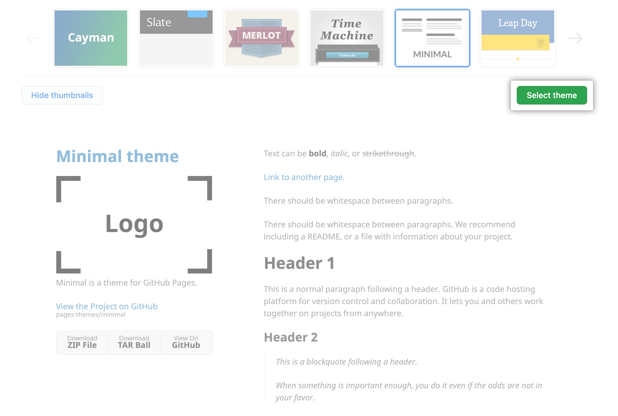 Opções de tema e botão Select theme (Selecionar tema)