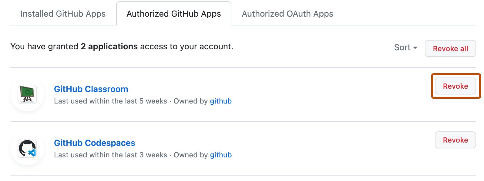 “已获授权的 GitHub Apps”选项卡的屏幕截图。在应用旁边,标记为“撤销”的按钮以橙色突出显示。