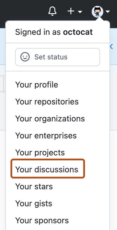 Captura de tela da lista suspensa da contas no GitHub. A opção "Suas discussões" está contornada em laranja escuro.