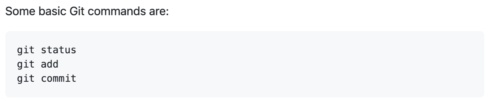 Recorte de pantalla del Markdown de GitHub representado, en el que se muestra un bloque de código simple sin resaltado de sintaxis.