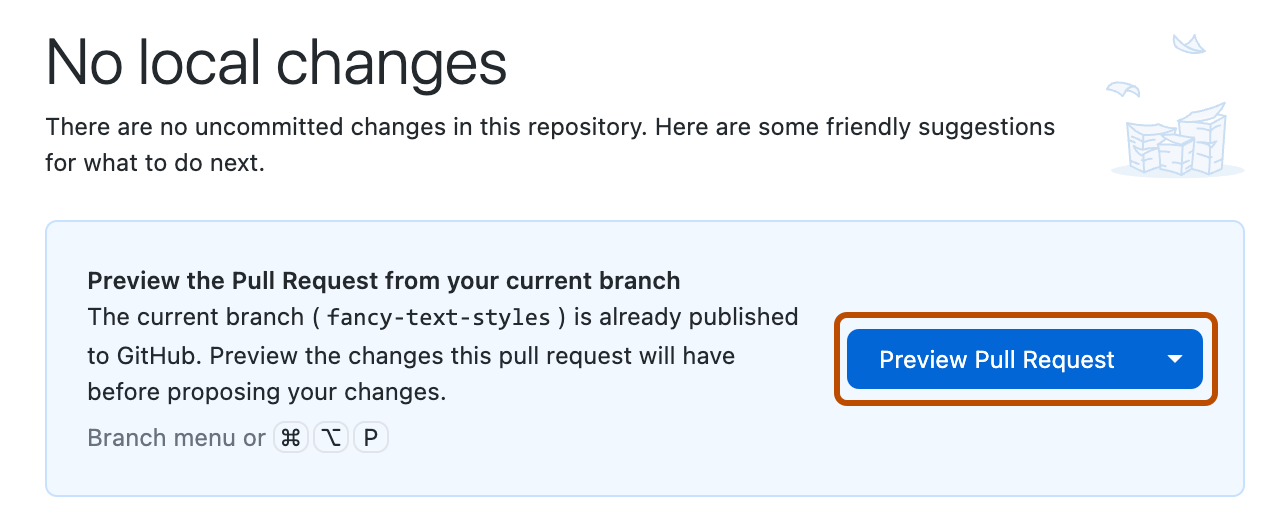 Capture d’écran de la vue « Aucune modification locale ». Un bouton intitulé « Prévisualiser une demande de tirage » est mis en évidence avec un encadré orange.
