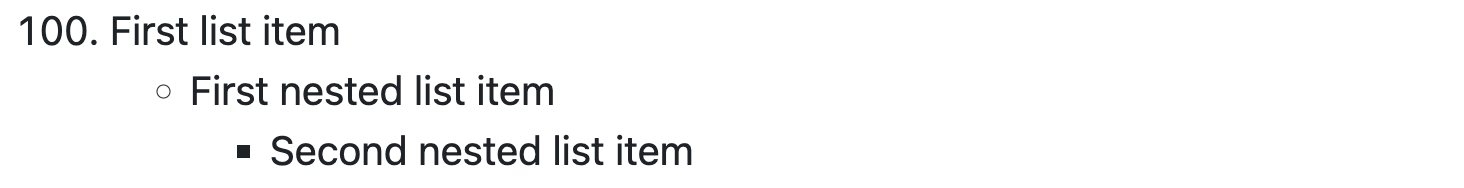 Recorte de pantalla del Markdown de GitHub representado, en el que se muestra un elemento numerado precedido por el número 100 seguido por viñetas en dos niveles de anidamiento distintos.