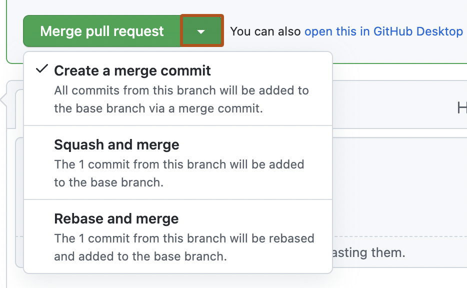 Capture d’écran des options de fusion d'une pull request. La flèche pour développer la liste déroulante est indiquée en orange foncé.