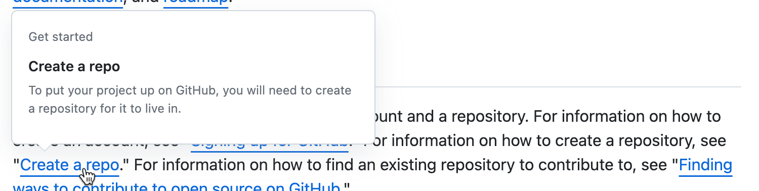 Screenshot eines Teils eines Artikels zu GitHub Docs. Der Cursor zeigt auf einen Link zu einem Artikel, und es wird eine Hoverkarte angezeigt.