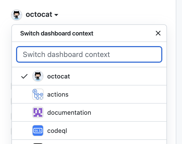 Capture d’écran du menu « Changer de contexte de tableau de bord » pour un compte personnel. Le menu répertorie les organisations liées au compte personnel.