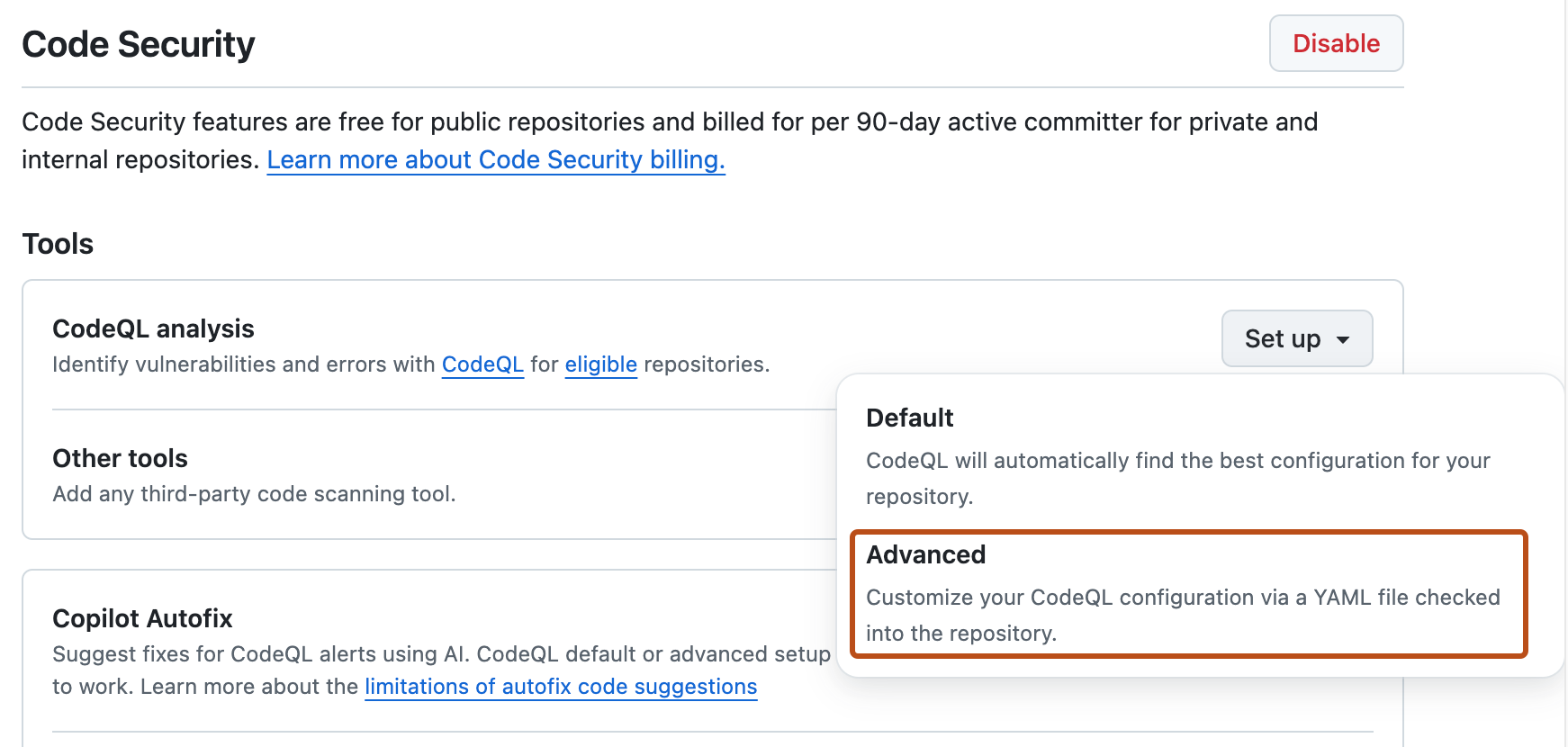 “Code scanning”设置的“Code security and analysis”部分的屏幕截图。 “高级设置”按钮以橙色轮廓突出显示。