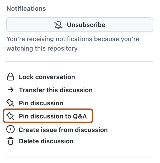 Screenshot of the right sidebar of a discussion. The "Pin discussion to Q&A" option is outlined in dark orange.