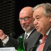 United Nations Secretary-General António Guterres briefing on the 2019 Climate summit at COP24 in Katowice, Poland.  4 December 2018.  To his left is Special Envoy for 2019 Climate Summit, Luis Alfonso de Alba.