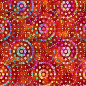 Tela multicolor con círculos de colores simulando batik.Quilting treasures
