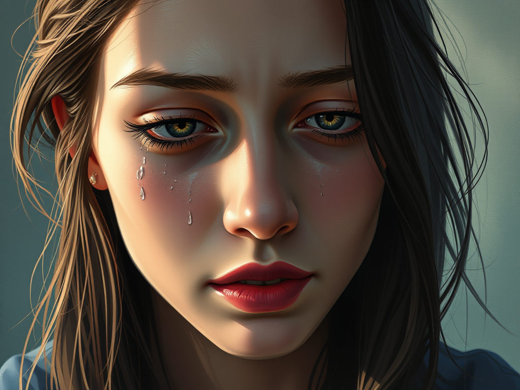 The image depicts a close up of a young woman with tears running down her cheeks.