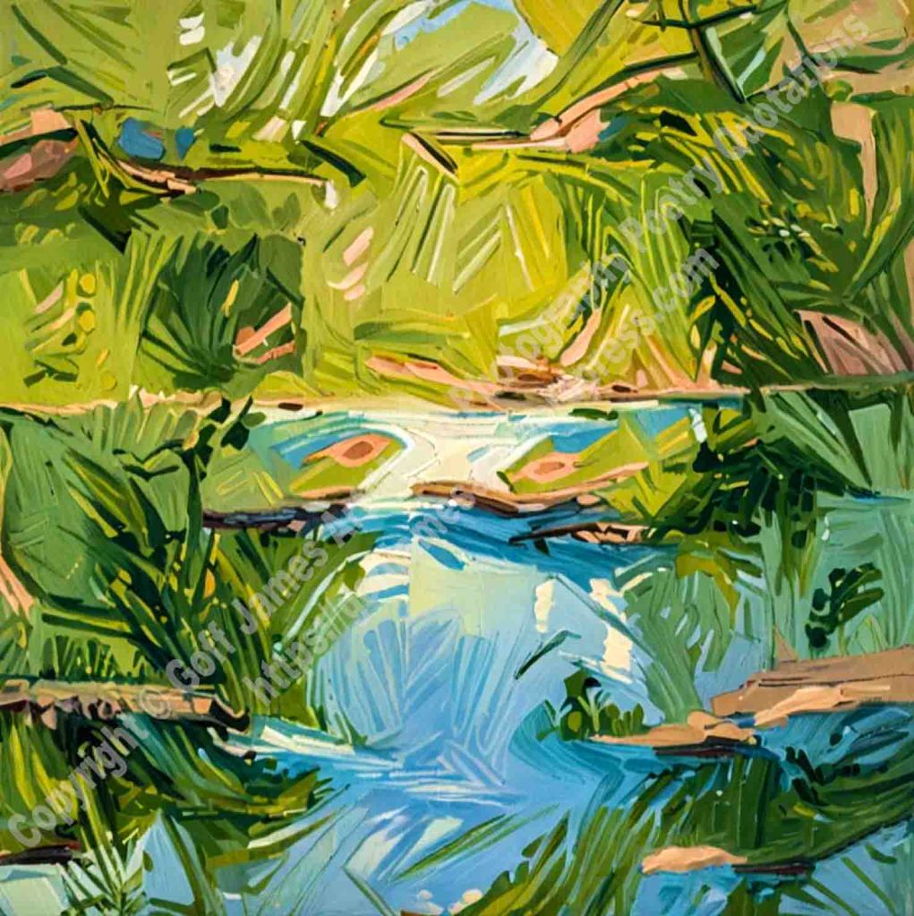 The semi-abstract impressionistic composition depicts a stream racing over rocks and stones through a lush green landscape.