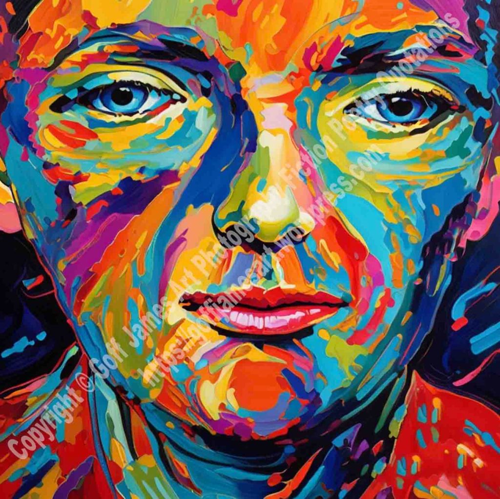 The vibrant coloured close up image is an expressionistic square portrait of a woman's face cropped at the eyebrows and neck. The work is titled Lola 1 by the artist Goff james.