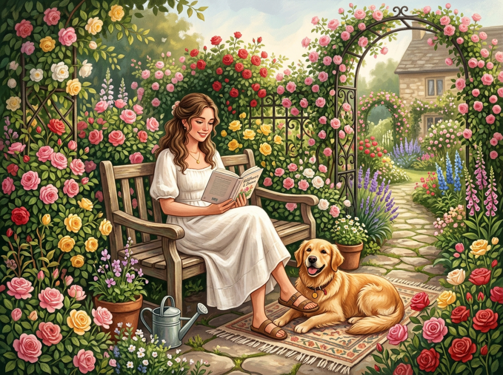 The image depicts a peaceful garden scene where a smiling woman in a white dress sits on a wooden bench, absorbed in reading a poetry book. She is surrounded by flourishing rose bushes in various shades of pink, red, yellow, and white. Seated at her feet, a golden retriever rests comfortably on a floral-patterned rug, appearing content and happy. The background features an arched trellis covered in roses leading to a cobblestone path that winds towards a charming stone cottage, further enhancing the idyllic and tranquil atmosphere of the garden setting.