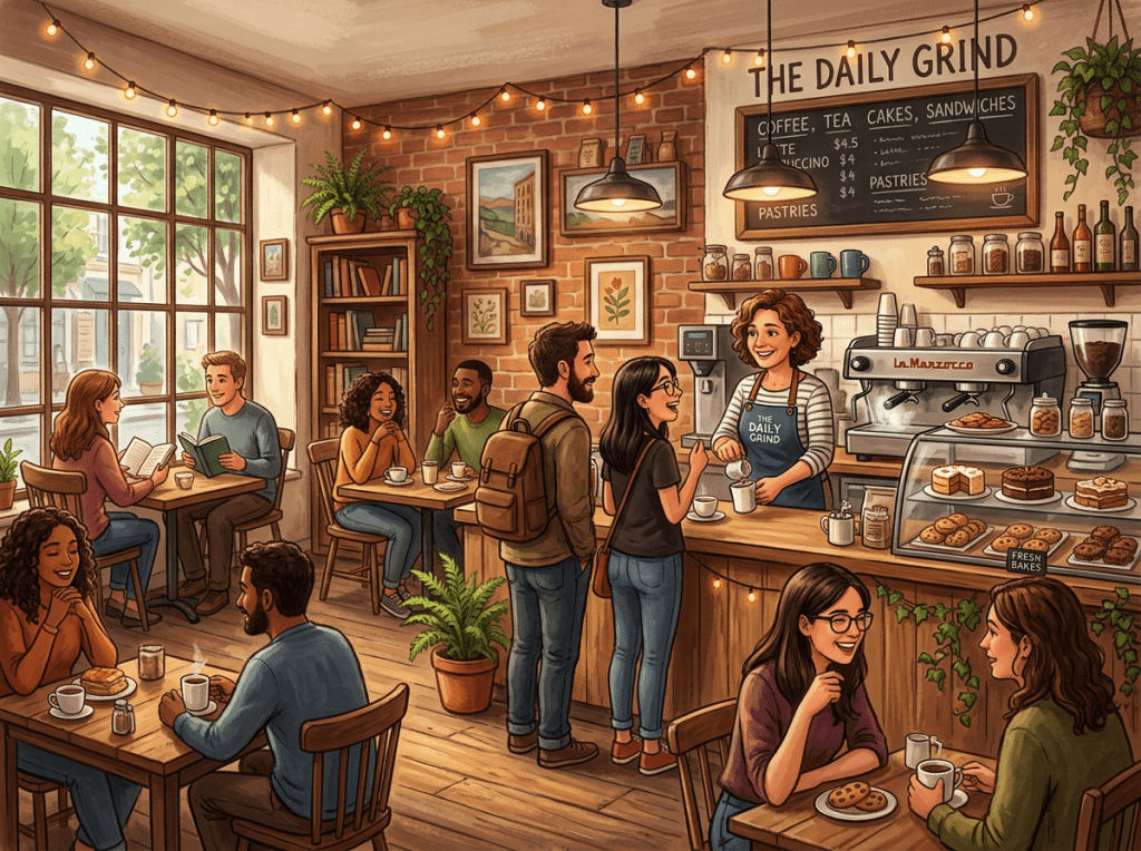 The image is inspired by the poem Julie's Cafe. It depicts a lively café interior with several groups of people engaged in various activities, such as reading, chatting, and enjoying coffee. The space features warm wooden floors, exposed brick walls adorned with framed artwork, and hanging string lights that create a welcoming ambiance. A barista behind the counter smiles while interacting with customers, preparing drinks near a display of assorted pastries and baked goods. The café’s large window lets in natural light, and there are plants and shelves filled with books and jars adding a homey touch to the setting.
Poem
Julie's Cafe by Goff James
Castle door ancient creaks.
Stone walls whisper tales untold.
Museum grand, paintings and antiques.
As one deeper dives, a softer scene unfolds.
Beyond the foyer's echoing space,
Nestled rearward, hid from sight.
Julie's Café, a welcoming place.
A pleasant haven bright.
Warmth swoons from the open door.
A place to rest, a tranquil shore.
I follow the sound, a tapestry spun,
A joyous song, a gentle hum,
Fragments of voices, laughter, fun,
A mushrooming, harmonious sum.
Blurred notes that rise and softly bend,
Playful whimsies, taking flight,
Muted whispers, sweetly blend,
Spilling out, into the light.
The corridor narrows, draws me near,
Then the scent...a symphony clear.
Coffee's deep, dark, rich allure,
Freshly baked scones golden beam,
Cakes filled with promises, pure,
Strawberry jam and clotted cream
Sandwiches, cheese and ham, made to greet.
Toast and beans, jacket potatoes, piping glow,
Salads on china plates laid out neat.
Soup steaming warmly a comfort to know,
Lollipops, ice creams, bubble gums and sweets
Lemonades and many other children’s treats.
A fresh scone purchased and a coffee small.
Then, off with my coat and hat from the day.
In a corner anew, I settle and sprawl
And share in the chatter where leisure holds sway.