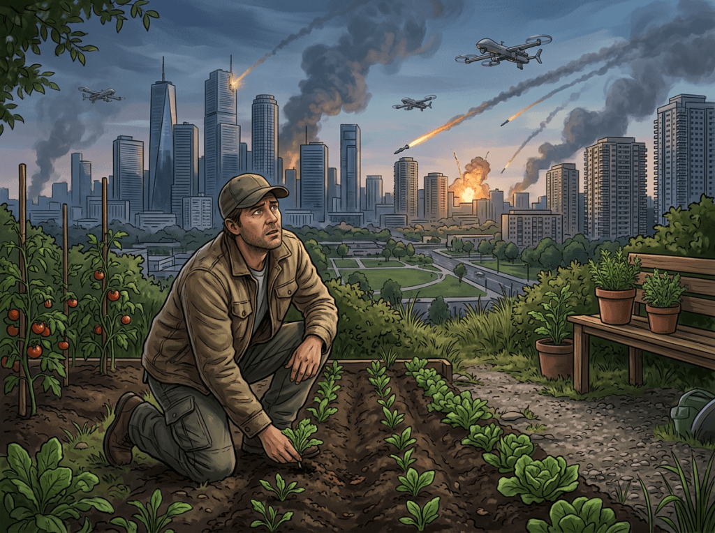 The image depicts a city under attack from enemy drone missile attack, A man is kneeling in hi garden tending to his plants and looking up at the sky.