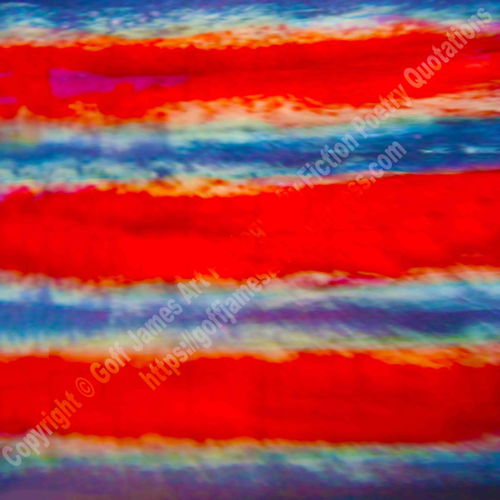 The image,Sunset 3, is made up three broad horizontal bands of blurred red edged with narrow bands of cloud like misty white, green, and yellow hues set a against a blue background.
