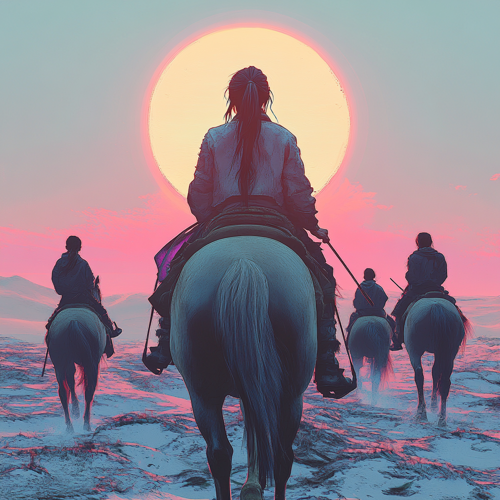 In the scifi style of Syd Mead, hyperrealistic, neon, of a young girl around 12, riding Mongolian horses with other children during summertime near the Chinese and Mongolian border across the steppe with the sun going down in the background, shown from behind, muted colours palette of blues, greys, whites