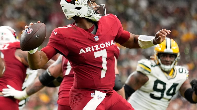 Arizona Cardinals' Jacoby Brissett throws during the first half of an NFL football game...