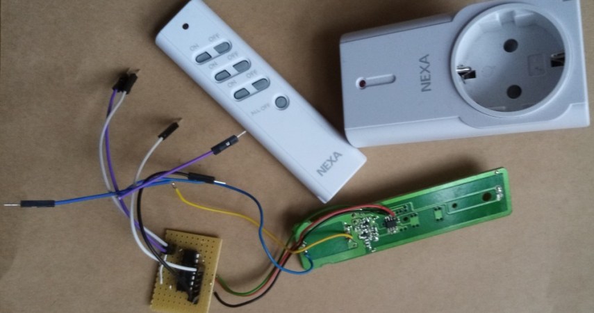 Remote control PCB next to its shell, with a breadboarded analog switch connected to the remote's onboard microcontroller, soldered to the pins responsible for button reading