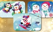 three target gift cards layered on a gold background: starting from the left is a card with two penguins sledding, top right has two snowmen waving, and in the middle is bullseye the target dog skiing