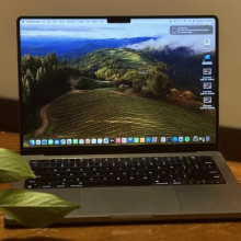 A 14-inch MacBook Pro sitting on a table next to a plant.