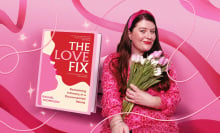 The cover of "The Love Fix" beside an image of the author Rachel Thompson on a pink background covered in ribbons and sparkles.