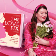 The cover of "The Love Fix" beside an image of the author Rachel Thompson on a pink background covered in ribbons and sparkles.