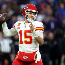 Chiefs quarterback Patrick Mahomes passing in the AFC Championship Game against the Baltimore Ravens