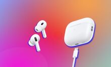 airpods case and earbuds on a colorful gradient background