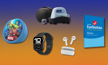 Amazon Echo Pop Kids, Apple Watch Series 10, Cricut Hat Press, Echo Buds, and TurboTax software with purple and orange background