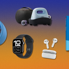 Amazon Echo Pop Kids, Apple Watch Series 10, Cricut Hat Press, Echo Buds, and TurboTax software with purple and orange background