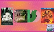 from left to right: the wild robot book, the wicked soundtrack on vinyl, and dune: part two on blu-ray on a pink and orange patterned background