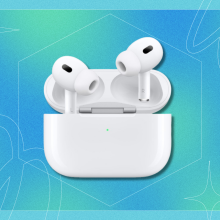 A pair of Apple AirPods Pro 2 overlaying a colorful background