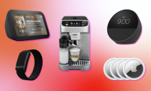 Echo Show 5, Whoop 4.0, De'Longhi espresso machine, Apple AirTags, and Echo Spot with pink gradient background