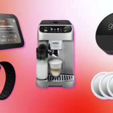 Echo Show 5, Whoop 4.0, De'Longhi espresso machine, Apple AirTags, and Echo Spot with pink gradient background