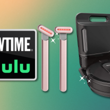 tablet with showtime on hulu, solawave wands, shark robot vacuum with colorful background