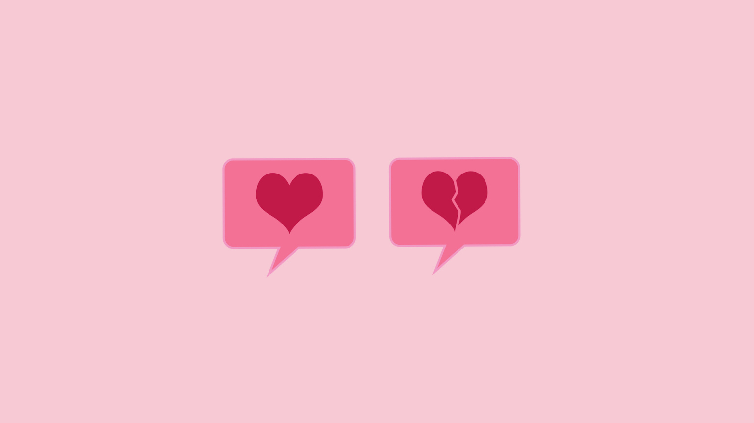 Two speech bubbles, one containing an in-tact red heart, the other containing a broken red heart. 