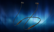 Beats Flex wireless earbuds on a blue aura background