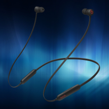 Beats Flex wireless earbuds on a blue aura background