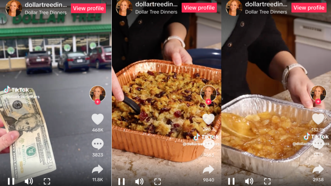 screenshots of three tiktoks showing thanksgiving food being made with dollar tree ingredients