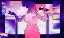 An illustration of a drag queen singing, surrounded by lush pastel colours.