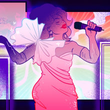 An illustration of a drag queen singing, surrounded by lush pastel colours.