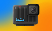 GoPro Hero on a blue to orange gradient background