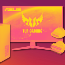 collage of ge nugget ice maker, asus tuf gaming monitor, and shark hyperair blow dryer in pink and yellow tint