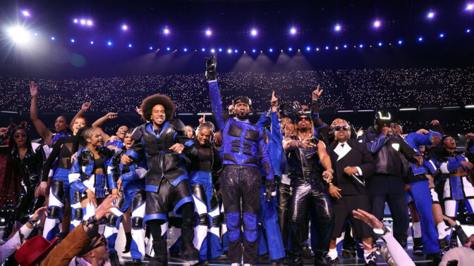 Ludacris, Usher, Jermaine Dupri, and Lil Jon on stage at the Super Bowl Halftime Show