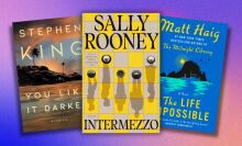 from left to right: stephen king's book you like it darker, sally rooney's intermezzo, and matt haig's the life impossible on a purple and orange background