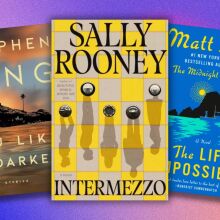 from left to right: stephen king's book you like it darker, sally rooney's intermezzo, and matt haig's the life impossible on a purple and orange background