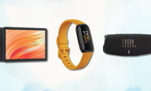 Three items on sale at Kohl's: a black Amazon tablet, a yellow Fitbit, and a black JBL speaker.