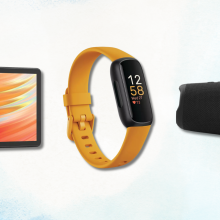 Three items on sale at Kohl's: a black Amazon tablet, a yellow Fitbit, and a black JBL speaker.