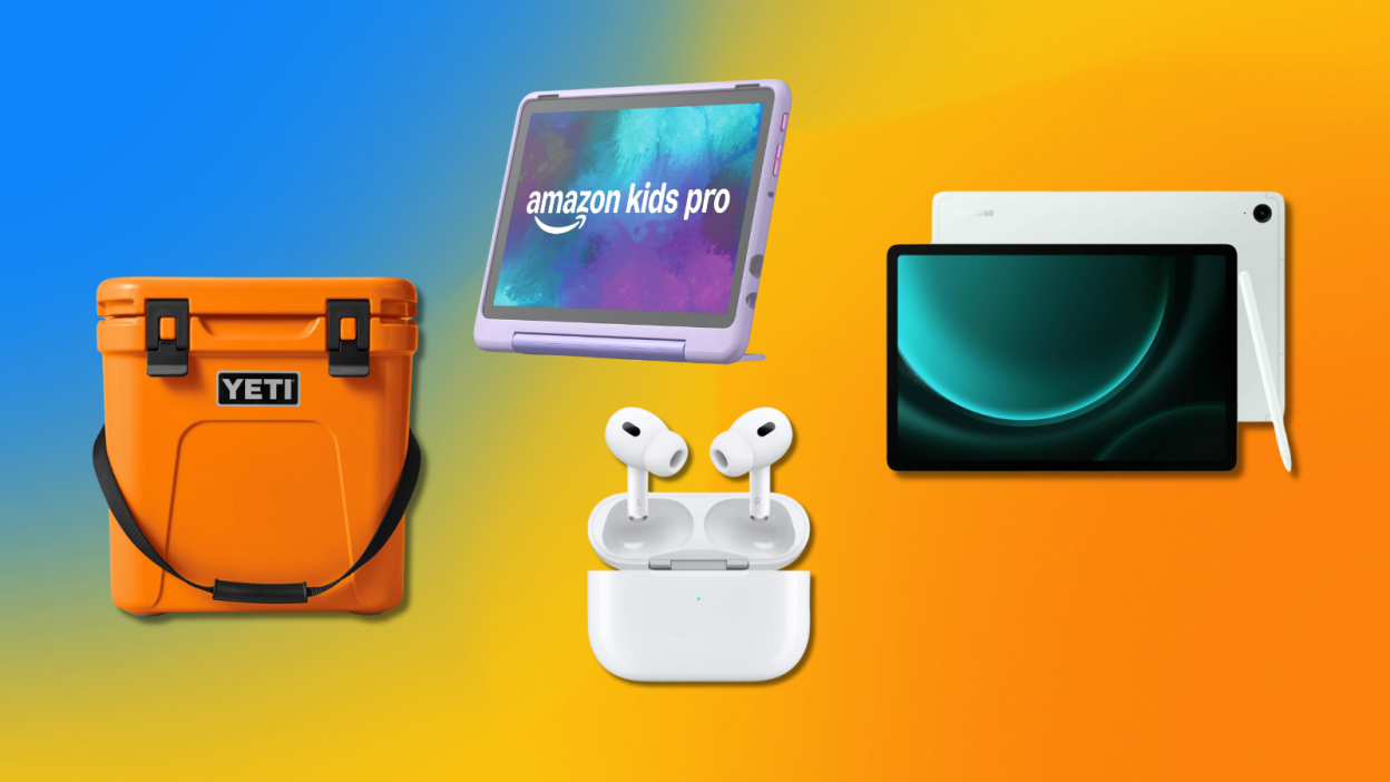 colorful background with collage of AirPods Pro, Amazon Kids tablet, Samsung tablet, and Yeti cooler